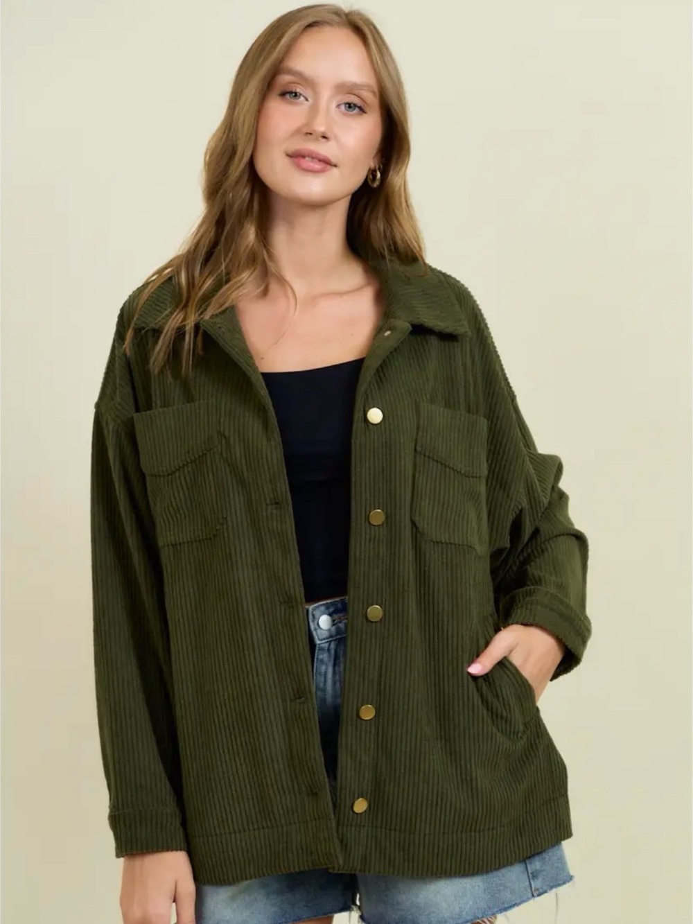 NWT Doe + Rae Olive Green Corduroy Shacket with Button Front